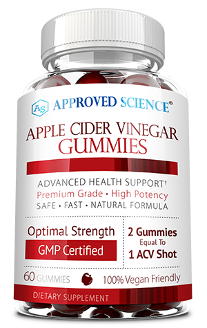 Approved Science apple cider vinegar gummies with the mother, 60 count, vegan, for optimal health benefits.
