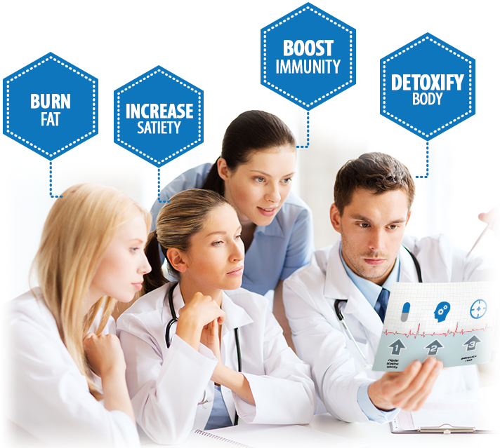 Doctors reviewing health data with benefits of ACV gummies highlighted: burn fat, increase satiety, boost immunity, detoxify body.