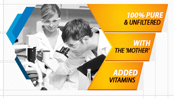 Scientists in lab coats examine samples with text highlighting acv gummies with the mother, pure ingredients, added vitamins.
