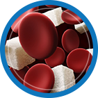 Red blood cells and sugar cubes symbolizing ACV gummies with the mother for optimal blood sugar health benefits.