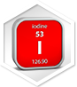 Periodic table element iodine, atomic number 53, atomic mass 126.90, red hexagonal background.