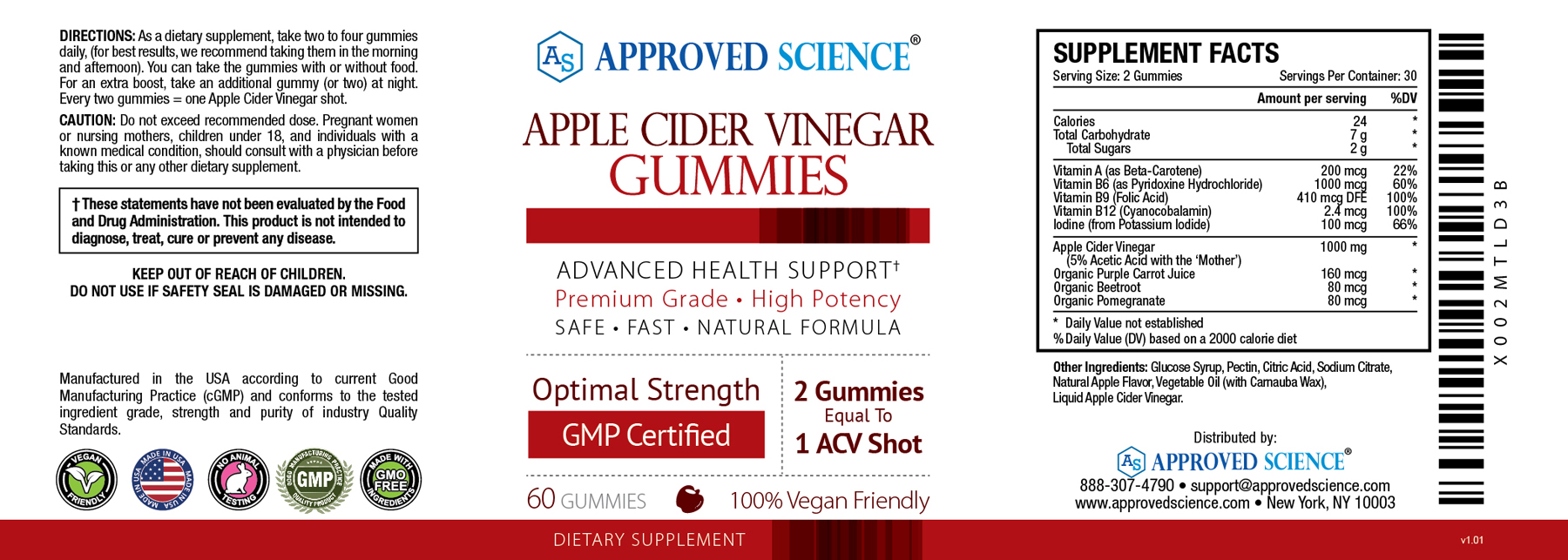 Approved Science Apple Cider Vinegar Gummies with the mother, 100% vegan, optimal health benefits, GMP certified, 60 count.