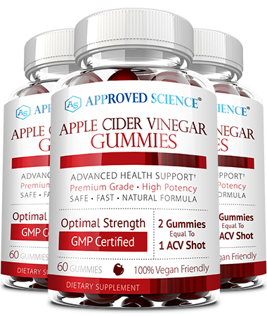Approved Science ACV gummies with the mother for optimal health benefits, GMP certified, vegan friendly, dietary supplement.
